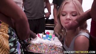 Skinny teen Coco Lovelock gets her birthday wish of many cocks