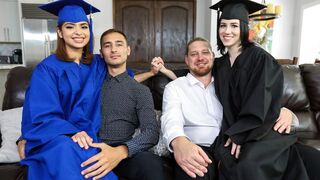 Step dads fuck their step daughters Hazel and Remi for graduation