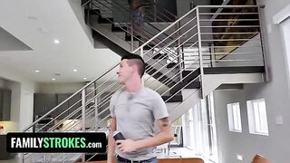 A busty step sister, Sarah Bella, fucks with her two stepbrothers in a taboo scene