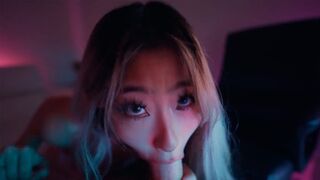 A sexy Asian teen, Raya Steele, massages and sucks my cock with her throat in a steamy session