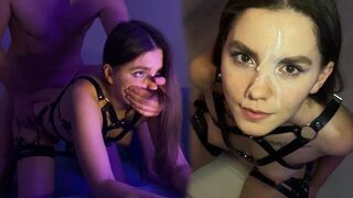 A cute brunette in a harness passionately sucks and jumps on the dick - a stunning cum facial scene