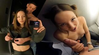 A brunette risks a quickie in the dressing room and gets caught in the act