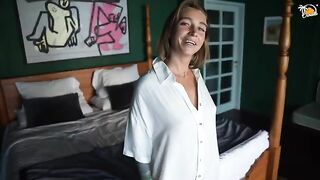 Stunning blonde MILF gets fucked hard by her horny partner in a hotel room