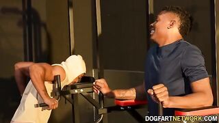 Kay Carter gets fucked by two black cocks in the gym