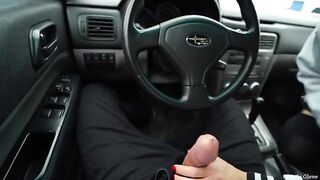 A blonde babe met her fan and gave him a deepthroat blowjob in the car
