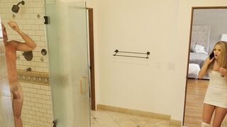 The stepdaughter sneaks into the shower with her stepfather, in a steamy SPYFAM scene