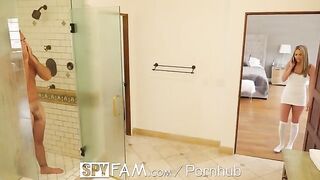 The stepdaughter sneaks into the shower with her stepfather, in a steamy SPYFAM scene