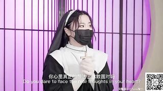 A cute girl in a nun's habit is teasing and touching herself, longing for a man