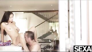 The girl was fucked over the kitchen table, her man licking her pussy first