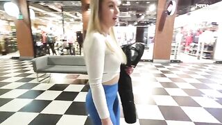 A hot blonde with a big ass fucks in the shopping mall toilet for money