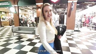 A hot blonde with a big ass fucks in the shopping mall toilet for money