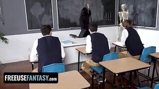 Hot teacher Valentina Nappi gets fucked by three students in a classroom scene