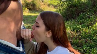 A guy is getting his dick sucked by his stepsister in public