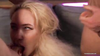 Two guys with one girl, intense blowjob action