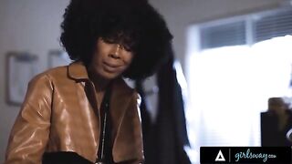 Detective Misty Stone has hard sex with her colleague on their desk at the police station in a steamy Girlsway scene