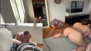 A couple has sex on bed in a hotel room with a hot wife