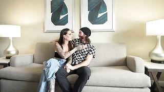 A sexy brunette gives her boyfriend his first double BJ experience