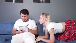 She let her stepbrother fuck her throat and cum on her face for doing her homework