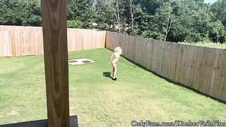A girl gets undressed in the backyard and has sex on the porch