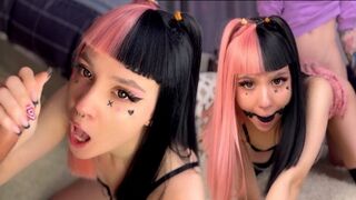 Emo babe with pink hair gets her pussy railed while gagging on cock