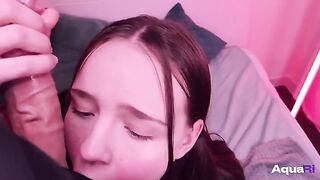 The schoolgirl is making a neat blowjob, taking cum on her face and in her mouth