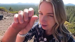 Blonde made a blowjob on the mountain top risking to be noticed