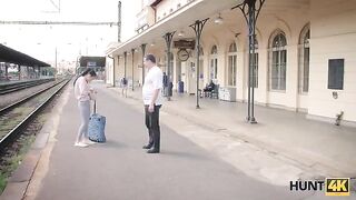 A cute girl is getting fucked on the train station for money in a wild scene