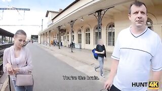 A cute girl is getting fucked on the train station for money in a wild scene