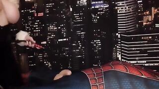 Black Cat Cosplay Sucks Spiderman's Hard Dick and Swallows Cum