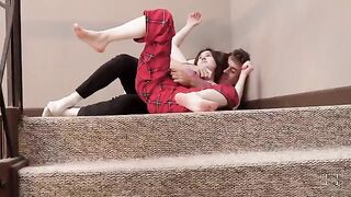 Perky stepsister got banged on the staircase for being naughty