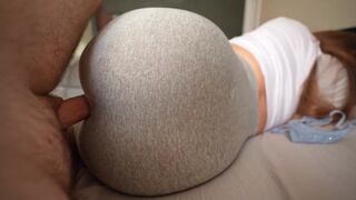 My stepsister caught me jerking off and fucked through her leggings