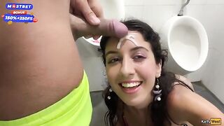 Brunette teen gets fucked in public toilet and receives a cumshot on her face