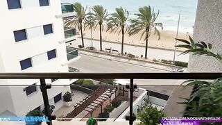 A couple has sex on the balcony and the guy cum on her face