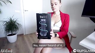 The girl tested the new stroker on her coworker in the office