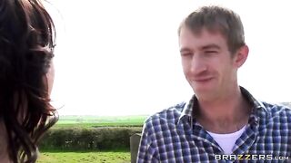 A juicy beauty gets fucked by a guy on a haystack, showcasing raw passion