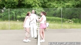 A girl has sex with her friend on the tennis court with his uncle