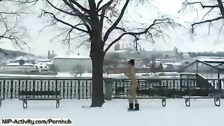 A student with a beautiful body exposes her boobs and ass on the street