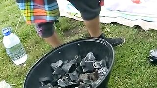 Russian students fucked in foursome outdoors by horny guy