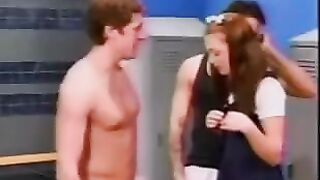 A cute schoolgirl got caught and fucked in the male locker room