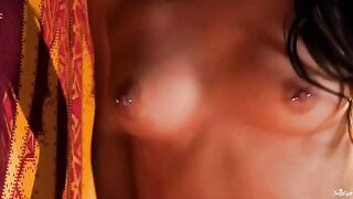 Girl with pierced nipples fingered her pussy playfully