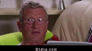 A hot chick is getting fucked by an old man on the couch
