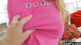 A sweet young blondie plays with toys and gets naked on the bed