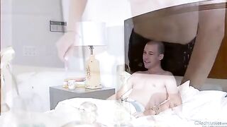 Amber Rain fucked by her husband and his friend on the bed