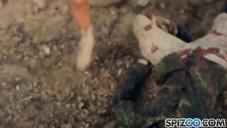 Blonde beauty fucked with her friend in an abandoned warehouse by a guy
