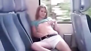 Ironing pussy through panties on the bus back seat began