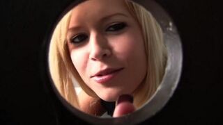 Blonde woman sucks dick through a hole in the toilet bowl