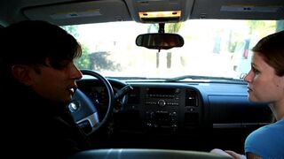 The guy succeeds in persuading a girl to do blowjob while driving