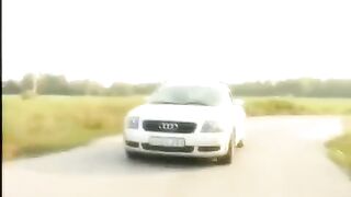 A blondie girl showed her shaved pussy on the bonnet and received a cumshot