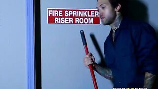 A hot chick Abigail Mac has sex with a cleaner in the back room