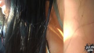 Sexual brunette makes a blowjob in the car, part 2